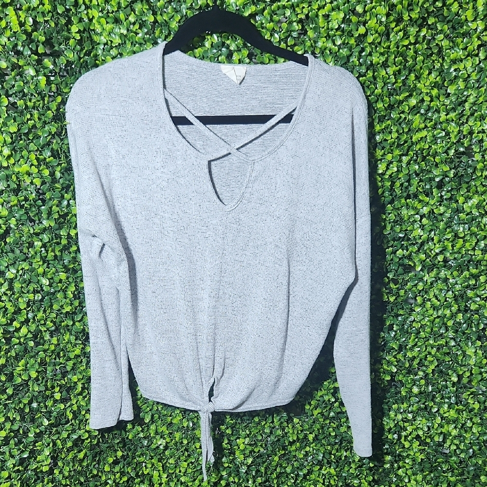 Gray Tie Front Blouse With Criss Cross Pattern Size Medium On Sale